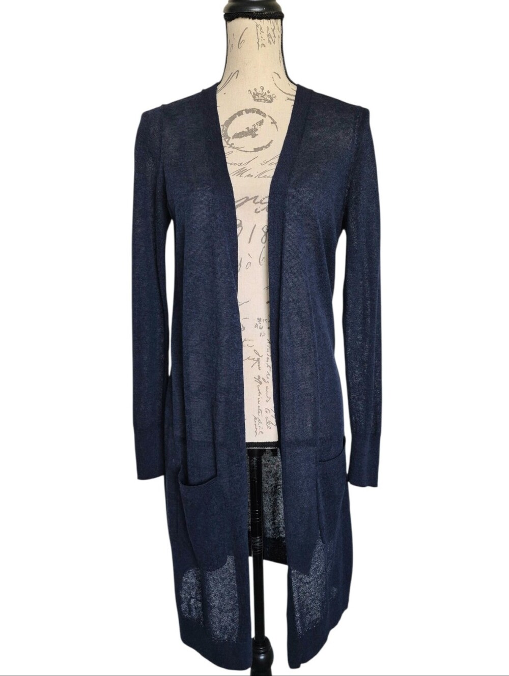 Halogen Linen Blend Long Open Front Cardigan XS Navy duster minimalist